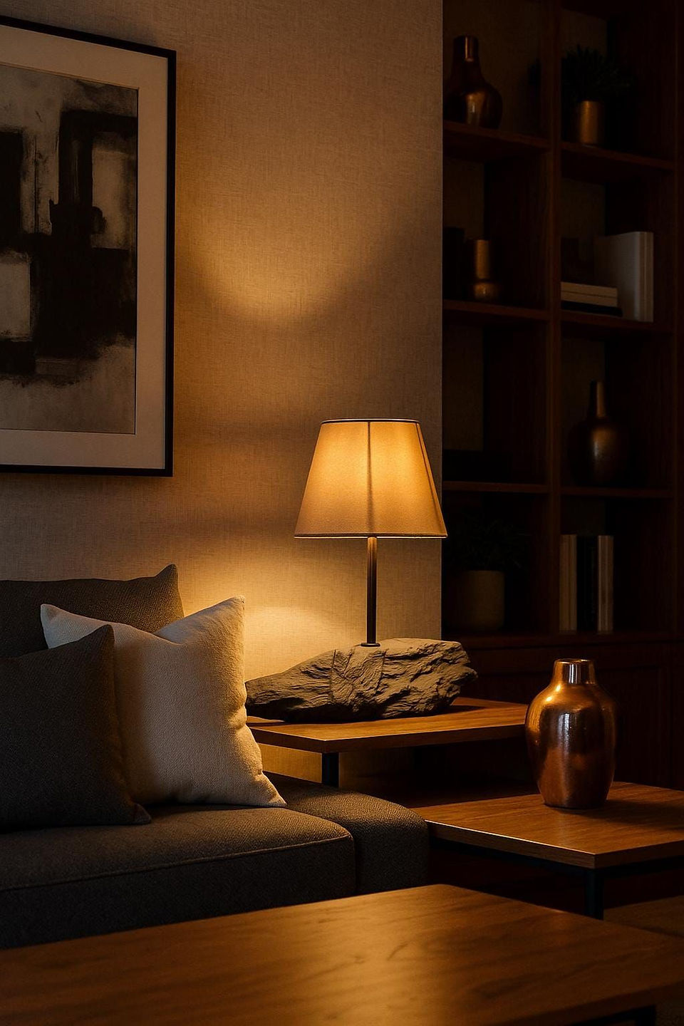 Salon cosy avec lumière chaleureuse et tamisé par un décorateur d'intérieur inspiration