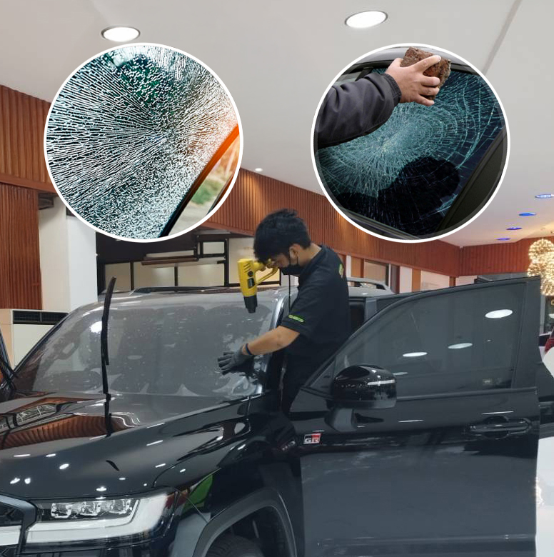 เปรียบเทียบความเสียหายจากสะเก็ดหินบนกระจกที่ไม่มี EXOSHIELD GT3 ป้องกัน ระหว่างช่างติดตั้งฟิล์มที่หน้าร้าน