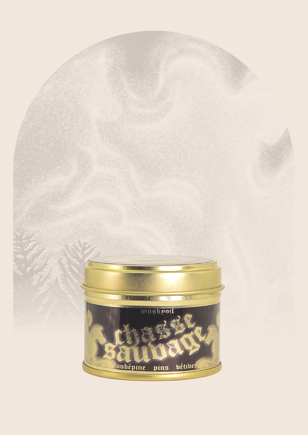 Thumbnail: Bougie parfumée 90ml Chasse Sauvage Muskyoil en boîte dorée aux notes d'aubépine, pins et vétiver