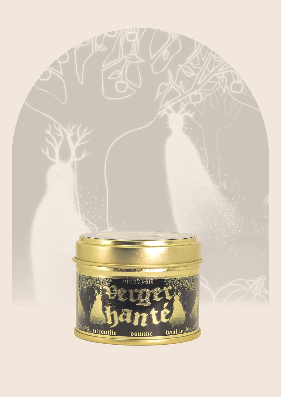 Miniature : Bougie parfumée 90ml Verger Hanté Muskyoil en boîte métallique dorée