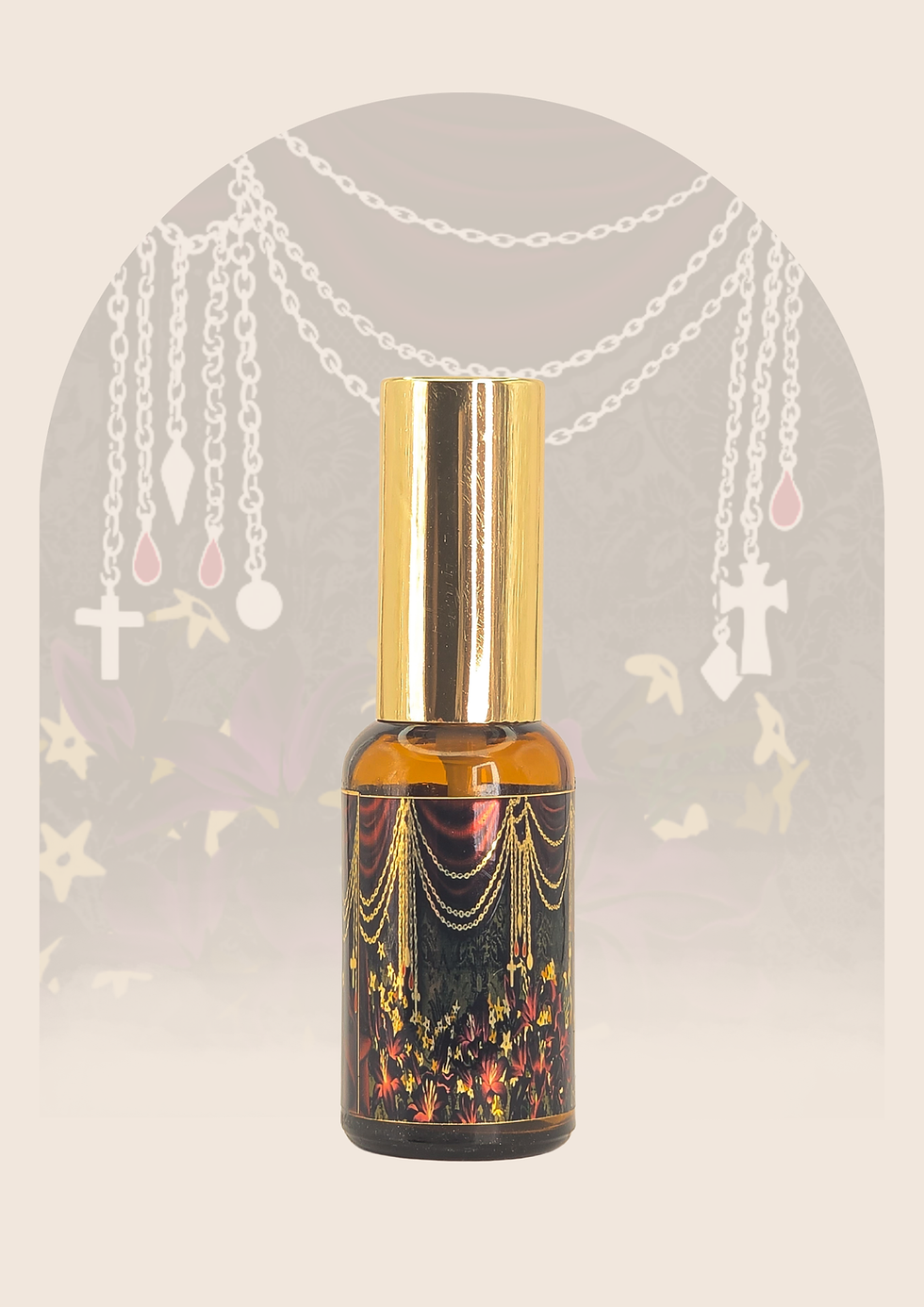 Miniature : Flacon de brume parfumée d'ambiance Prince Insolent Muskyoil avec capuchon doré et motif floral gothique.