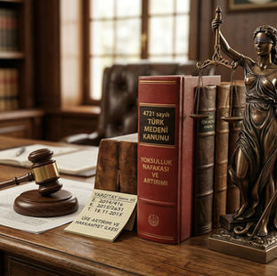 Adalet terazisi ve Türk Medeni Kanunu kitabı yanında asgari ücret ve nafaka artışını temsil eden finansal grafikler.