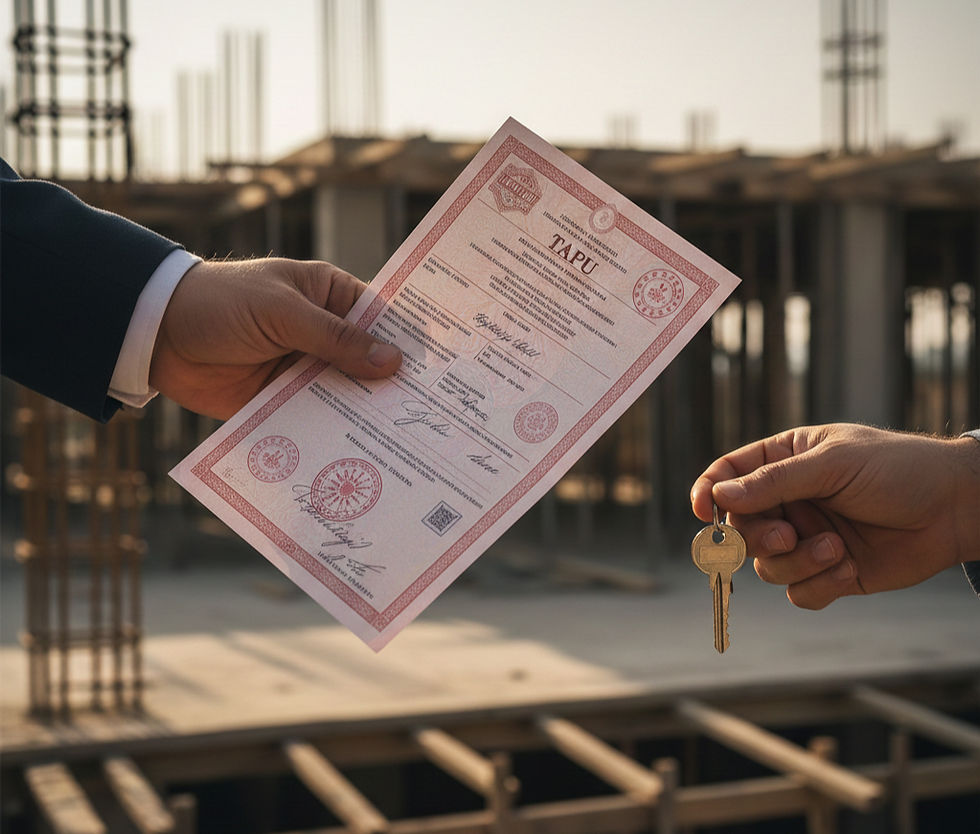 Bir inşaatın önünde tapu devrini gösteren tapu evrakı ve anahtar görselleri