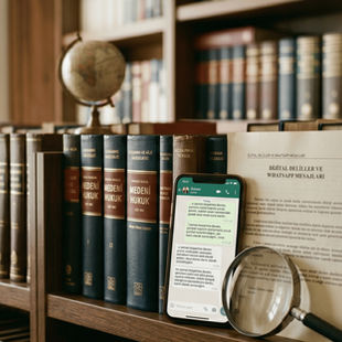 Boşanma davasında delil sayılan WhatsApp mesajlaşma ekranı, avukat kütüphanesi ve dijital deliller hakkında kitaplar.