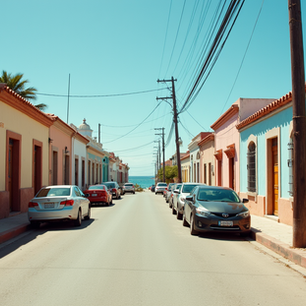 Quiet street in Zihuatanejo with colorful buildings and parked cars