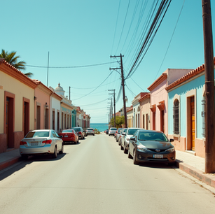 Quiet street in Zihuatanejo with colorful buildings and parked cars