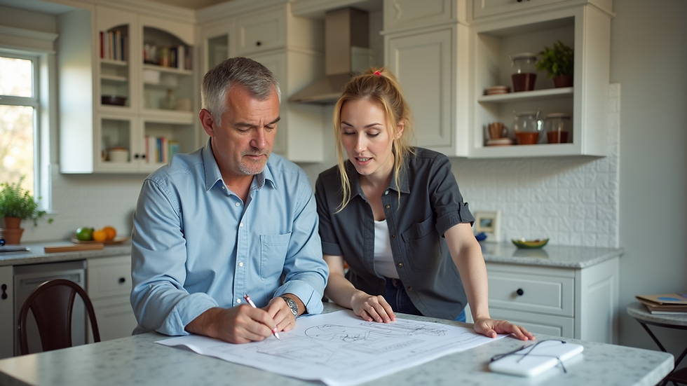 Wide angle view of a kitchen designer reviewing blueprints with a homeowner