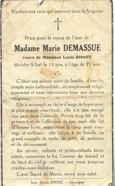 Marie Demassue veuve L.BISSOT 1943