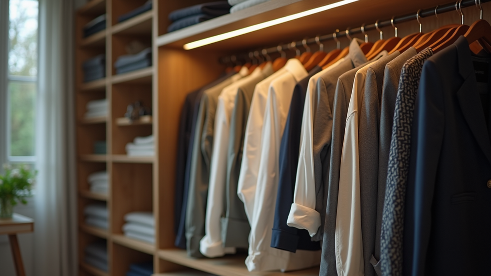 Eye-level view of a neatly organized wardrobe with various clothing items