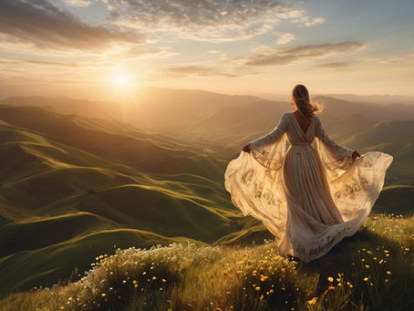 A woman with flying blond hair standing on a mountain look towards the vast green calm scene with sunrise in from representing  Cultivating an Abundance Mindset: Letting Go of Scarcity Thinking Article by www.powertotheself.com