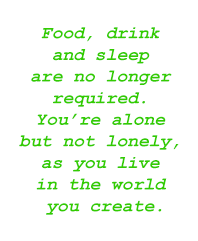 An image of the following text: "Food, drink and sleep are no longer required. You’re alone but not lonely, as you live in the world you create."