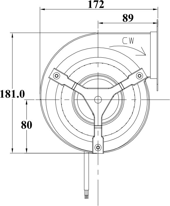 Dimensional outline drawing of the Φ133 DC Double Inlet Blower showing overall size and ai