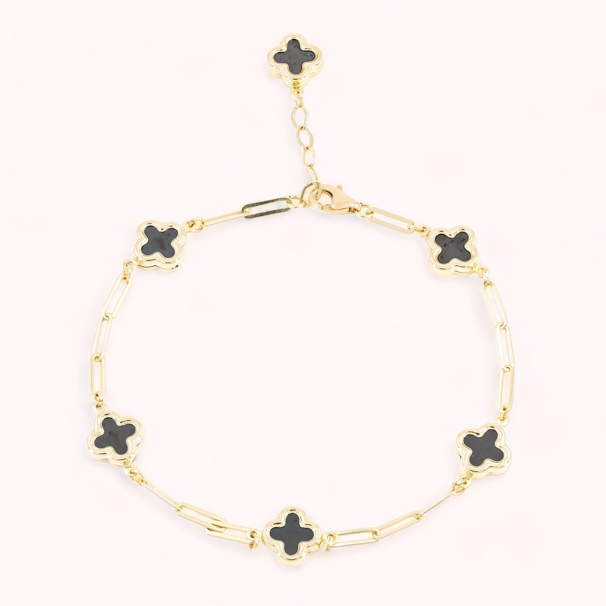 14K Solid Gold Paperclip Link Bracelet With Black Clover Charms