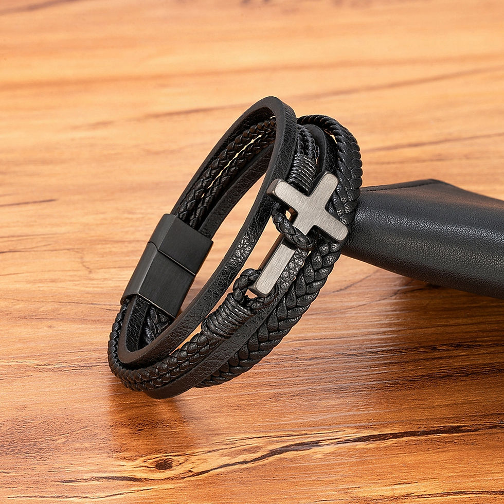 Thumbnail: Men’s Cross Leather Bracelet – Christian Stainless Steel Punk Bangle Gift