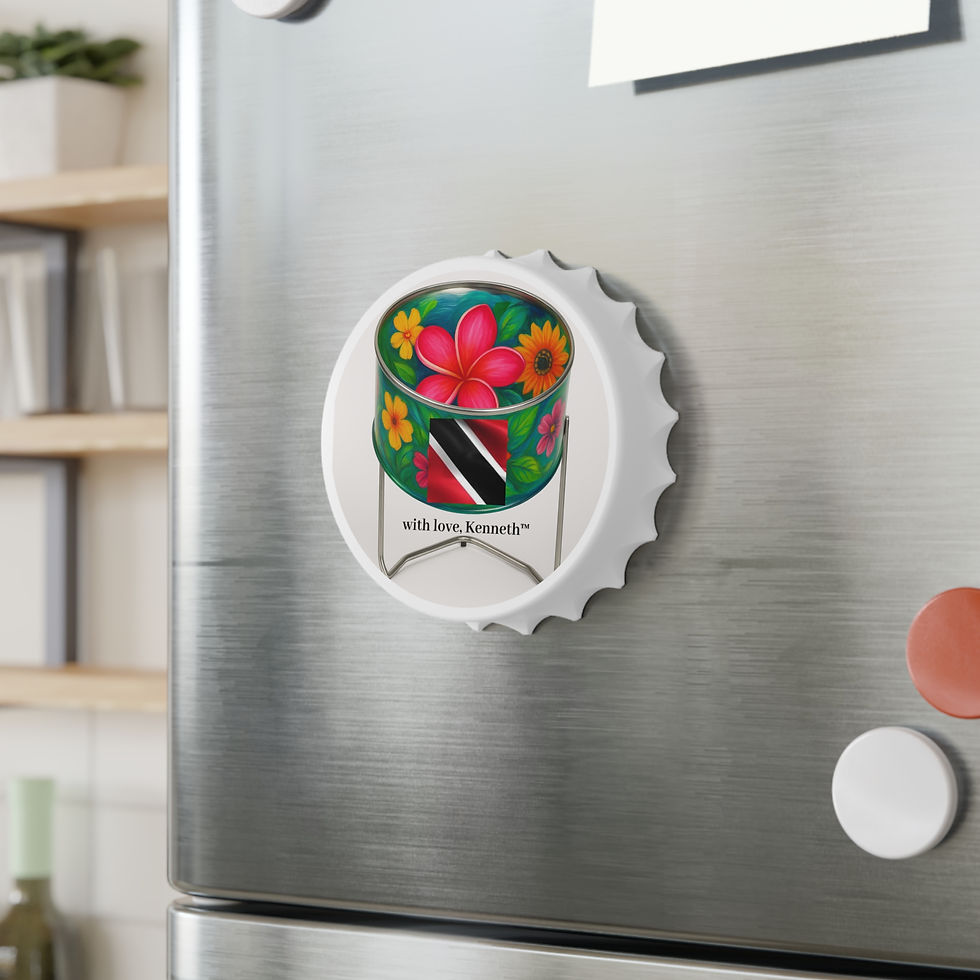 Thumbnail: Metal bottle opener with Trinidad steel drum and floral design featuring red, white, and black colors and With Love, Kenneth™