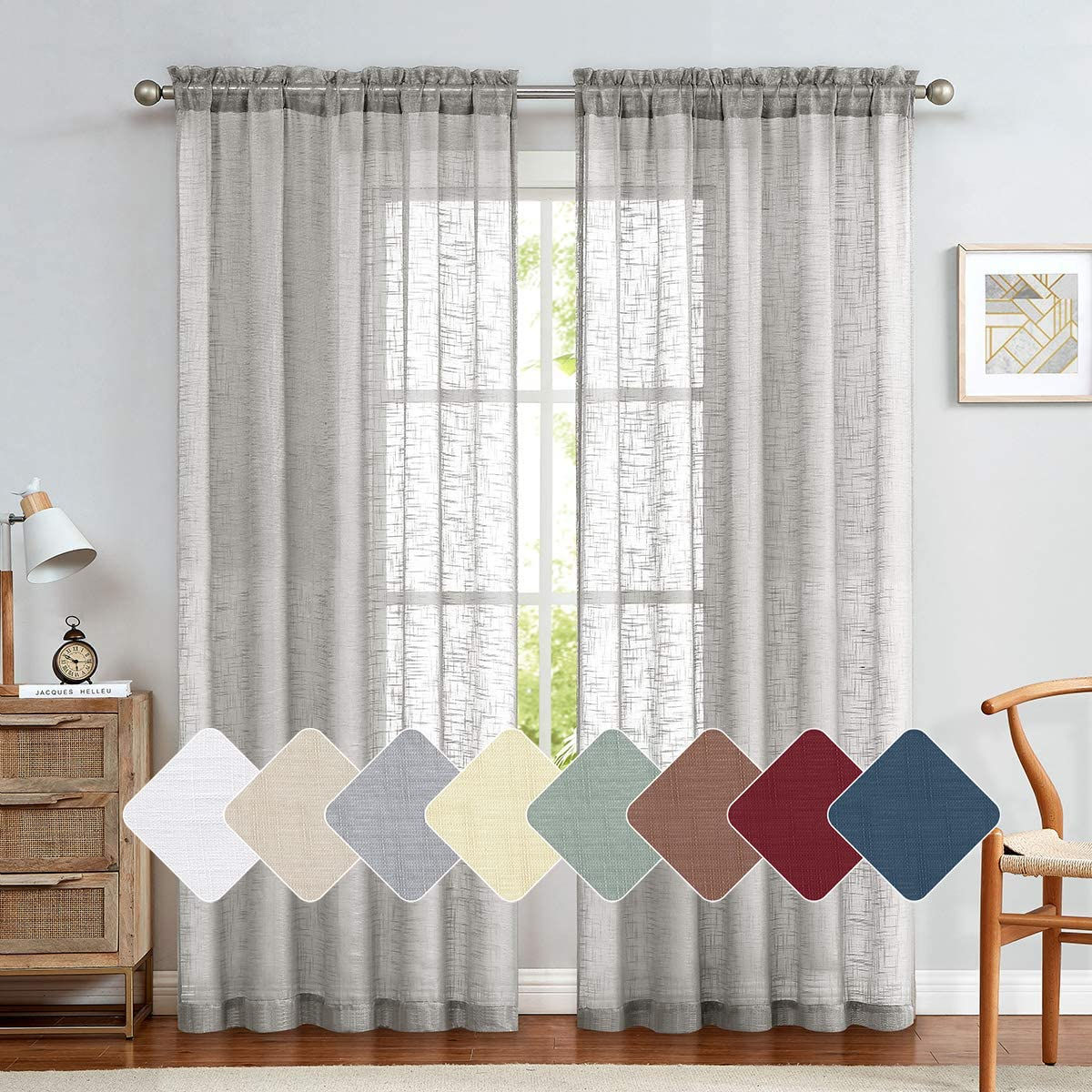 jinchan White Sheer Curtains for Living Room 84 inch Long Grey Curtains Rod P...