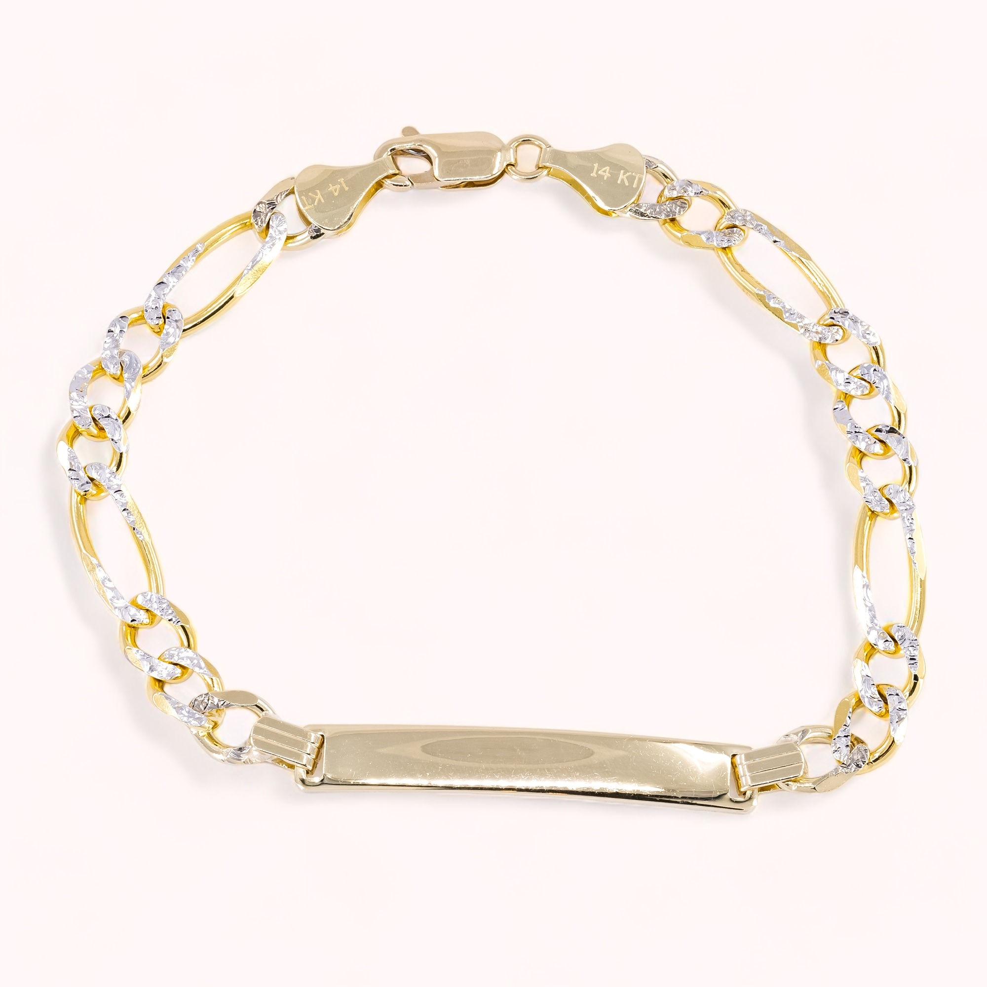 14K Gold Diamond Cut Figaro Link Bracelet With 1" Plaque 6"