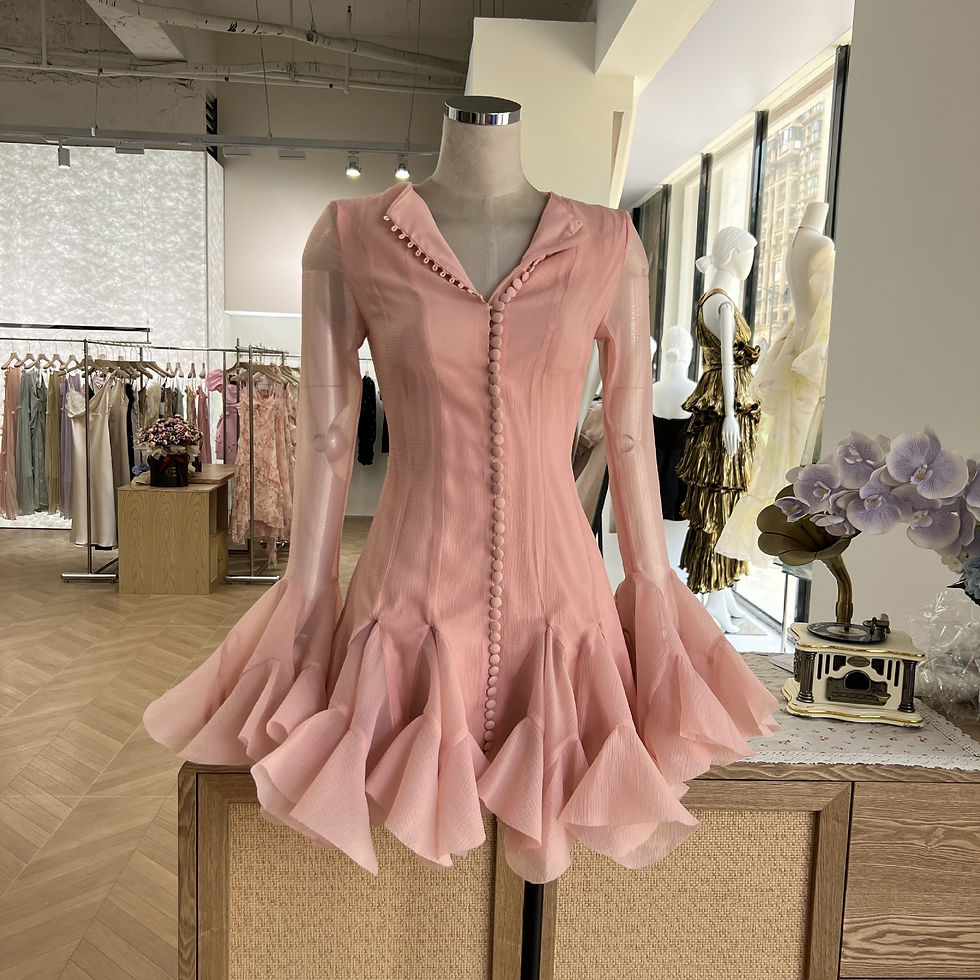 Thumbnail: OUDINA New Arrivals Unique Mesh Solid Color Short Pleated Long Sleeve Dress for 