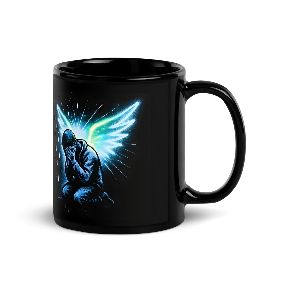 Black mug with blue angel wings design; 3FoldLoveCo.