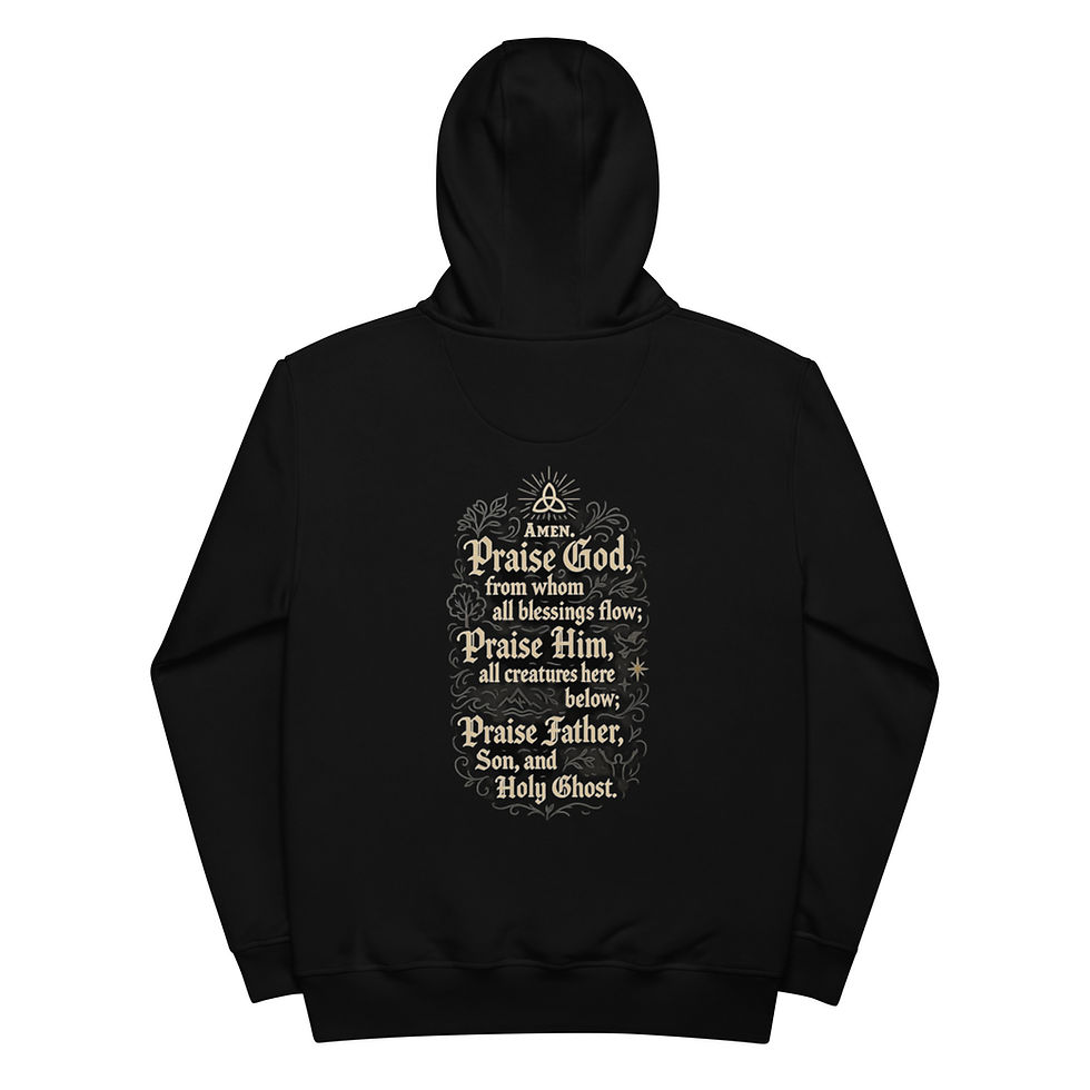 Black hoodie reads: Praise God, Praise Him, Praise Jesus, and Holy Ghost.