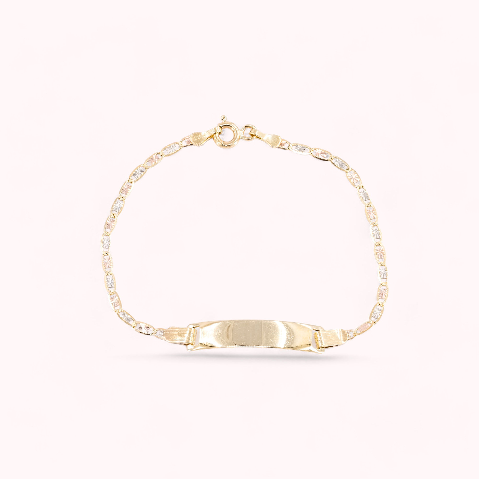 14K Solid Gold Mariner Link Tricolor Gold Children's Bracelet with Plaque