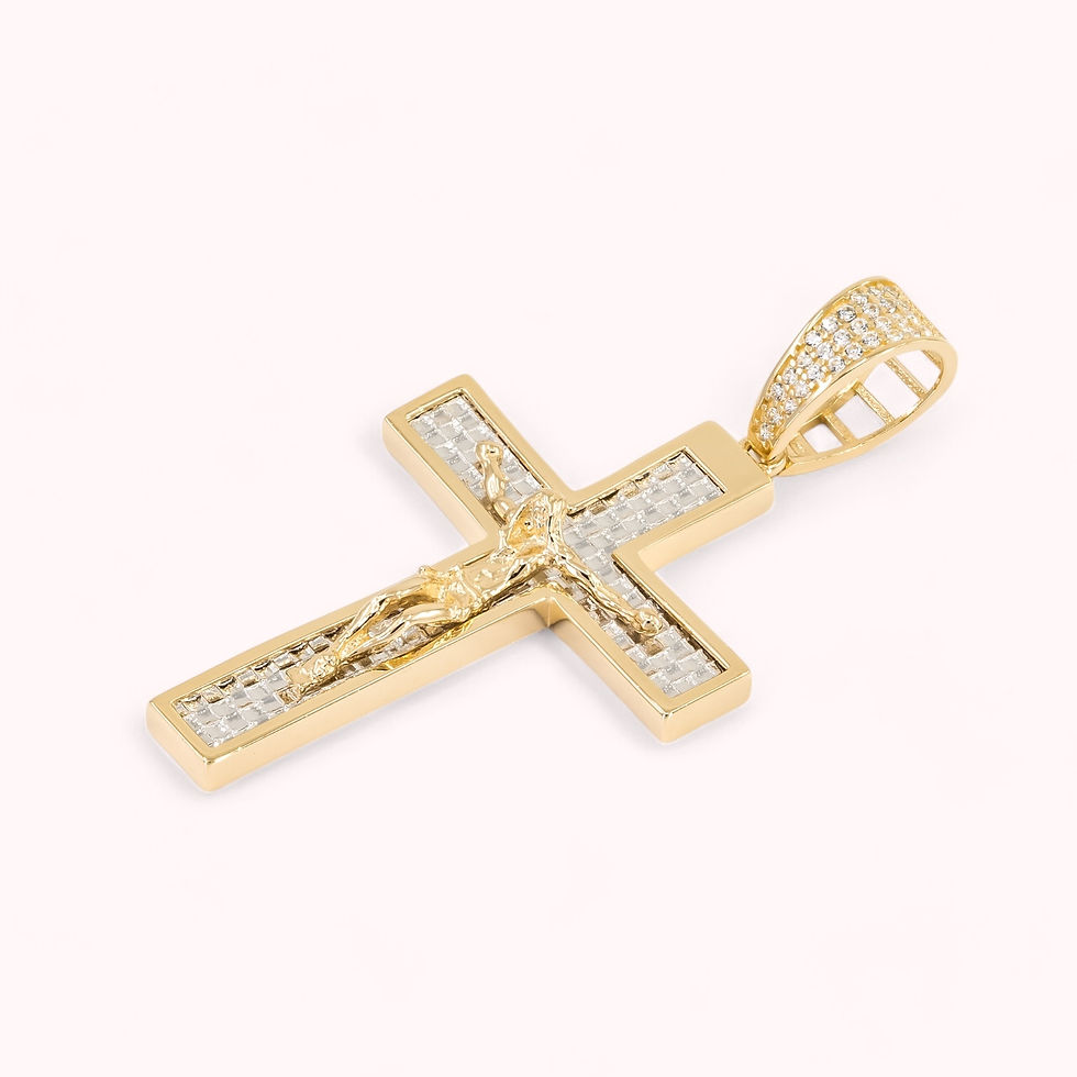 14K Gold Cross Pendant With Gold Christ On White Gold Weave Center