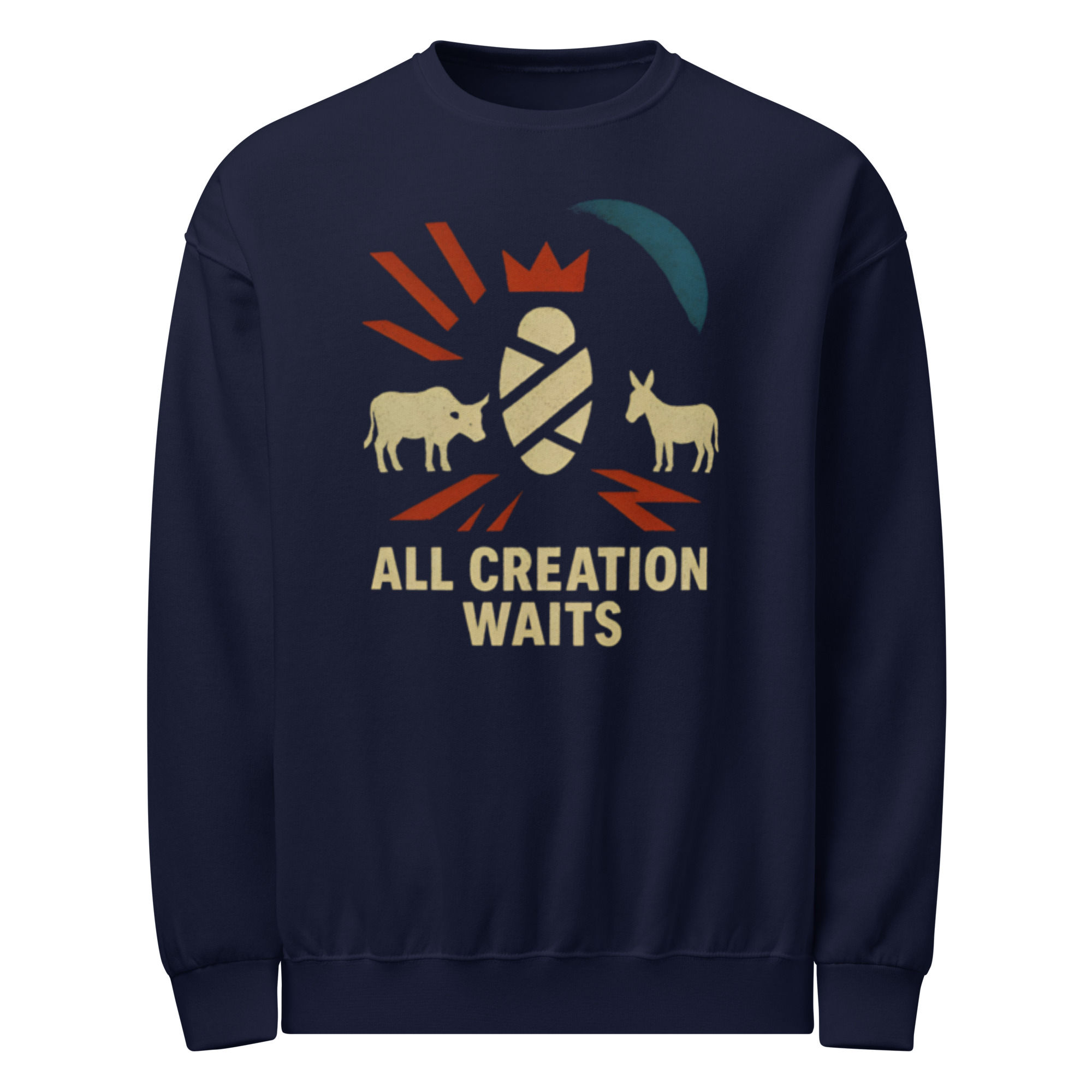 Navy sweatshirt, All Creation Waits text, with a baby in the middle, Creation Waits - Crew neck sweatshirt.