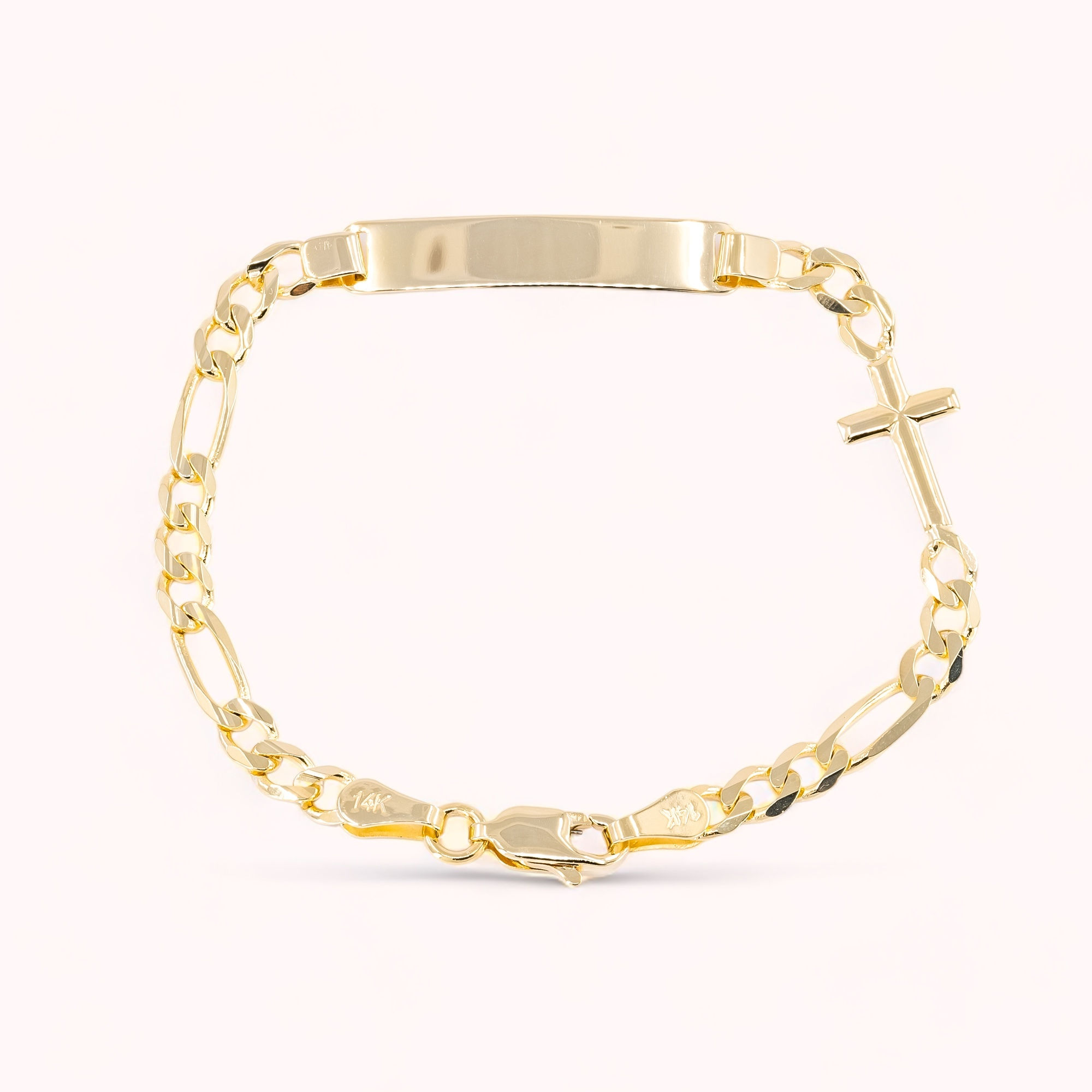 14K Solid Gold Figaro Link & Cross With Plaque Children Bracelet