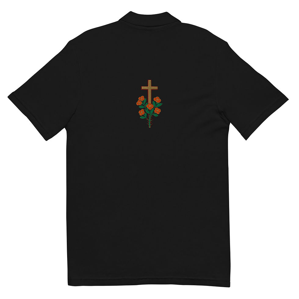 Thumbnail: Black t-shirt with cross and flowers embroidered on it. 3FoldLoveCo