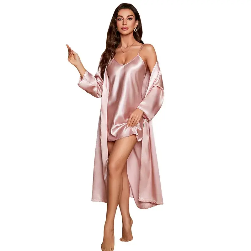 الصورة المصغرة: Sexy Satin Silk Kimono Pajama Set Women's Loose Cardigan Lace Up Bathrobe Home