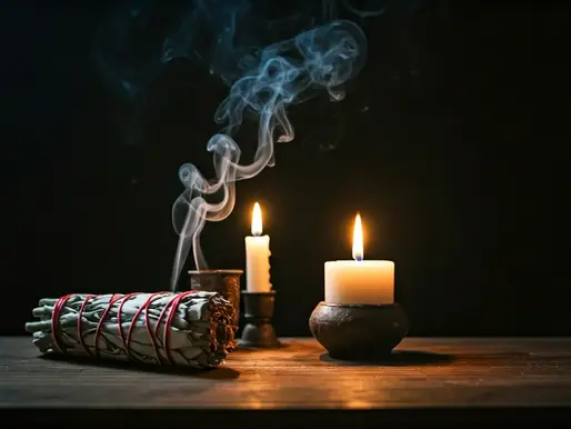 A smudge stick and burning candles