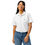 Thumbnail: Woman wearing white polo shirt with a cross symbol, smiling, and blue jeans.