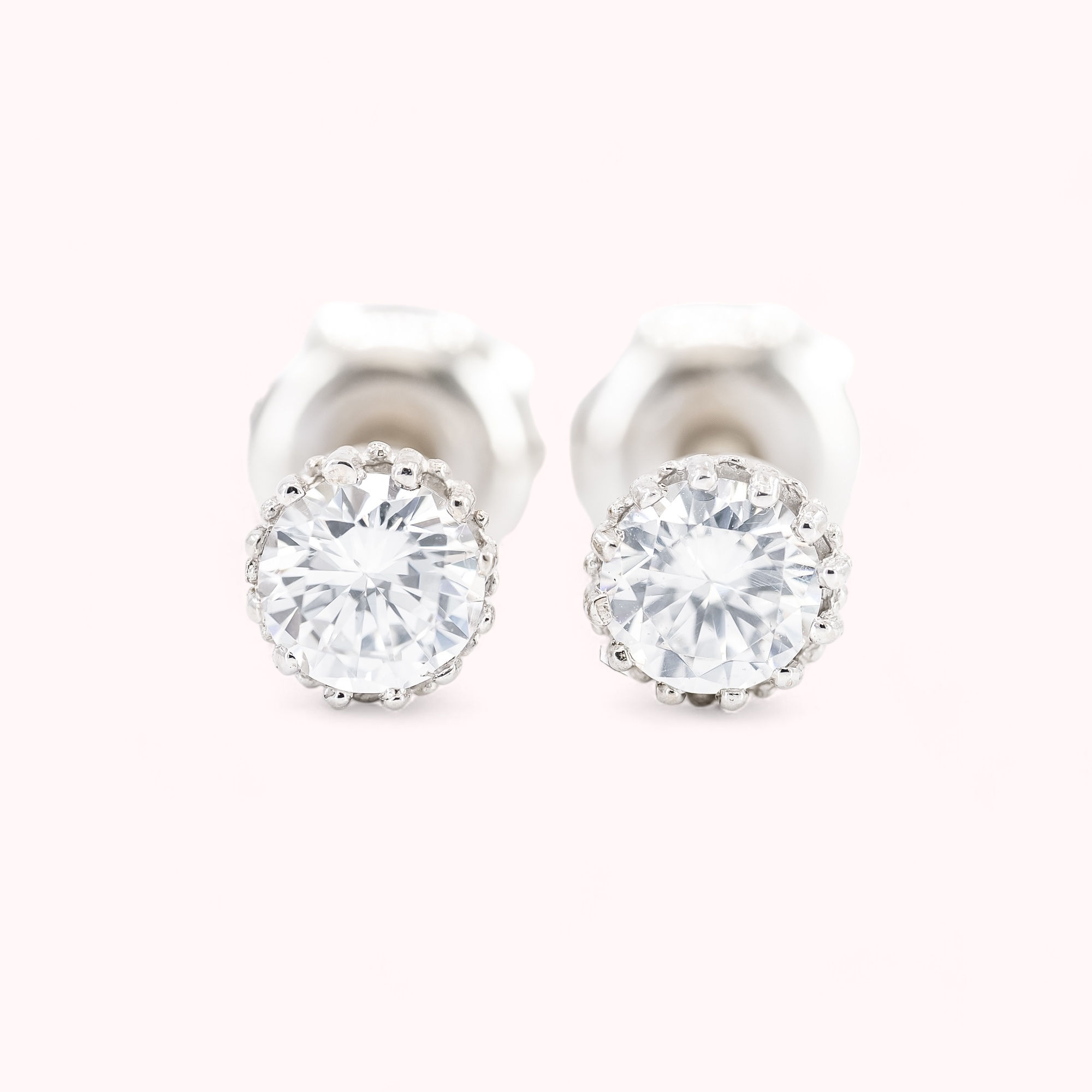 14K Solid White Gold Small Round Crown Style Stud Earrings With CZ