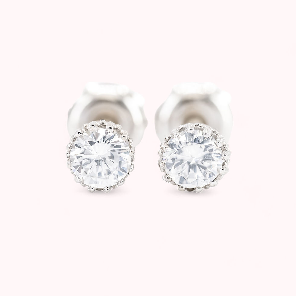 14K Solid White Gold Small Round Crown Style Stud Earrings With CZ
