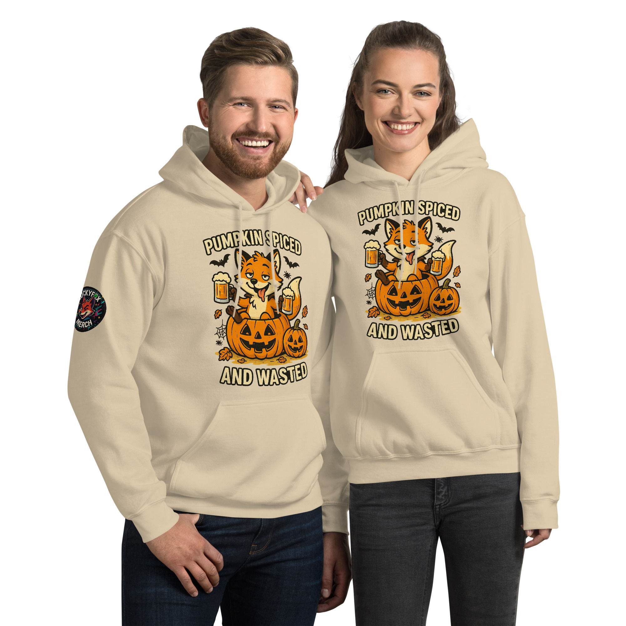 Pumpkin Spiced and Wasted Hoodie funny Halloween fox drinking design