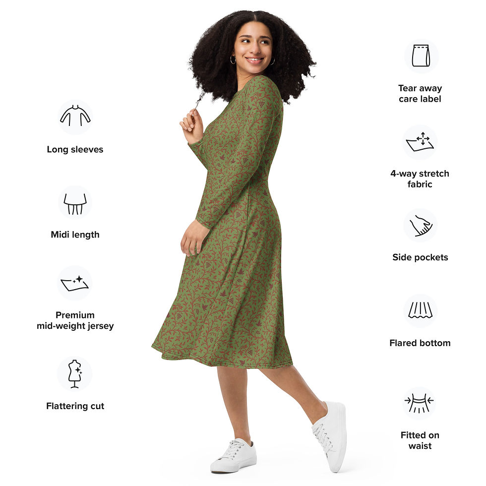 Thumbnail: Woman in green dress smiling, features and specifications, white sneakers, 3FoldLoveCo