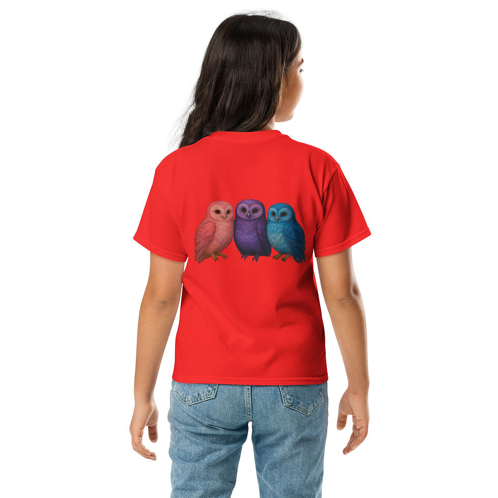 Thumbnail: Girl wearing red t-shirt with colorful owl design on the back