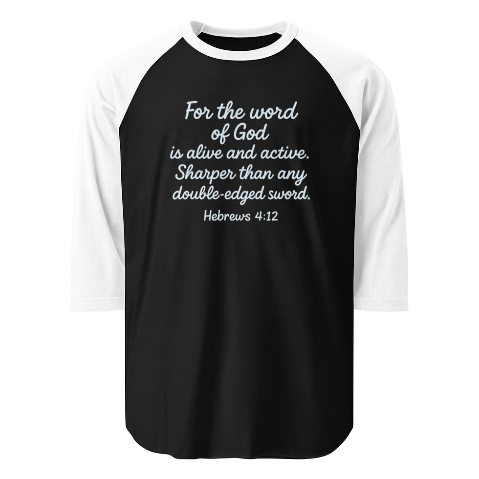 Black baseball tee shirt with scripture: Hebrews 4:12. No Room - Crew neck sweatshirt.