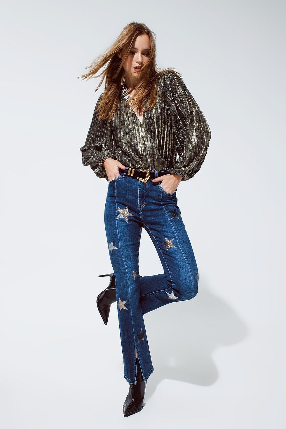 Miniatura: Flared Jeans With Shiny Stars Detail in Blue