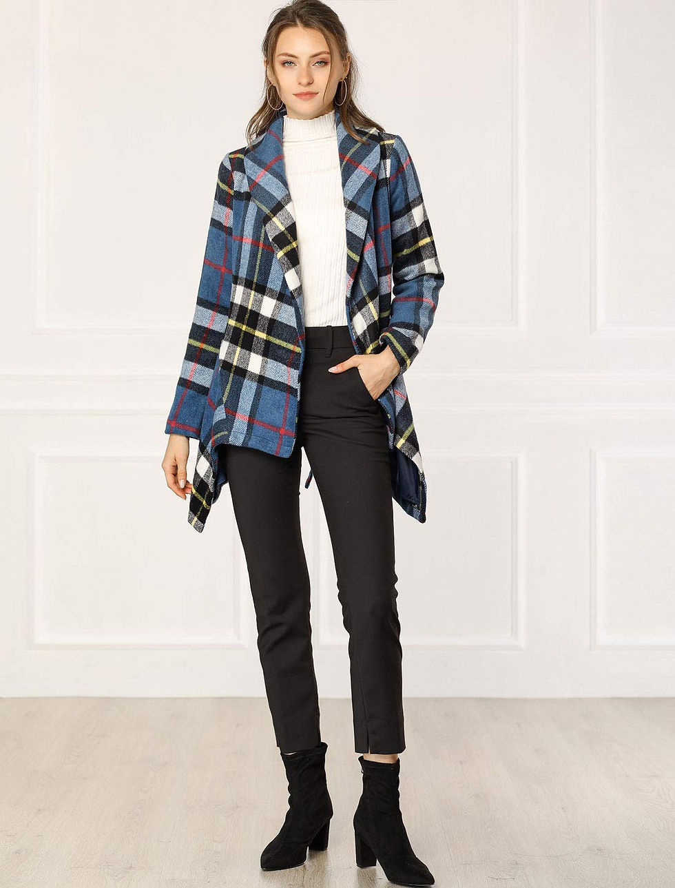 Thumbnail: Allegra K Women's Turn Down Collar Asymmetric Hem Thin Plaids Wrap Coat Mediu...