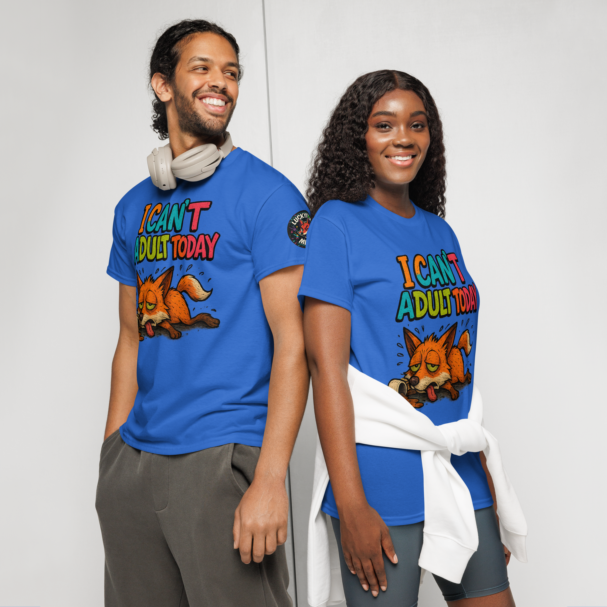I Can’t Adult Today T-Shirt with colorful graffiti text and exhausted fox design