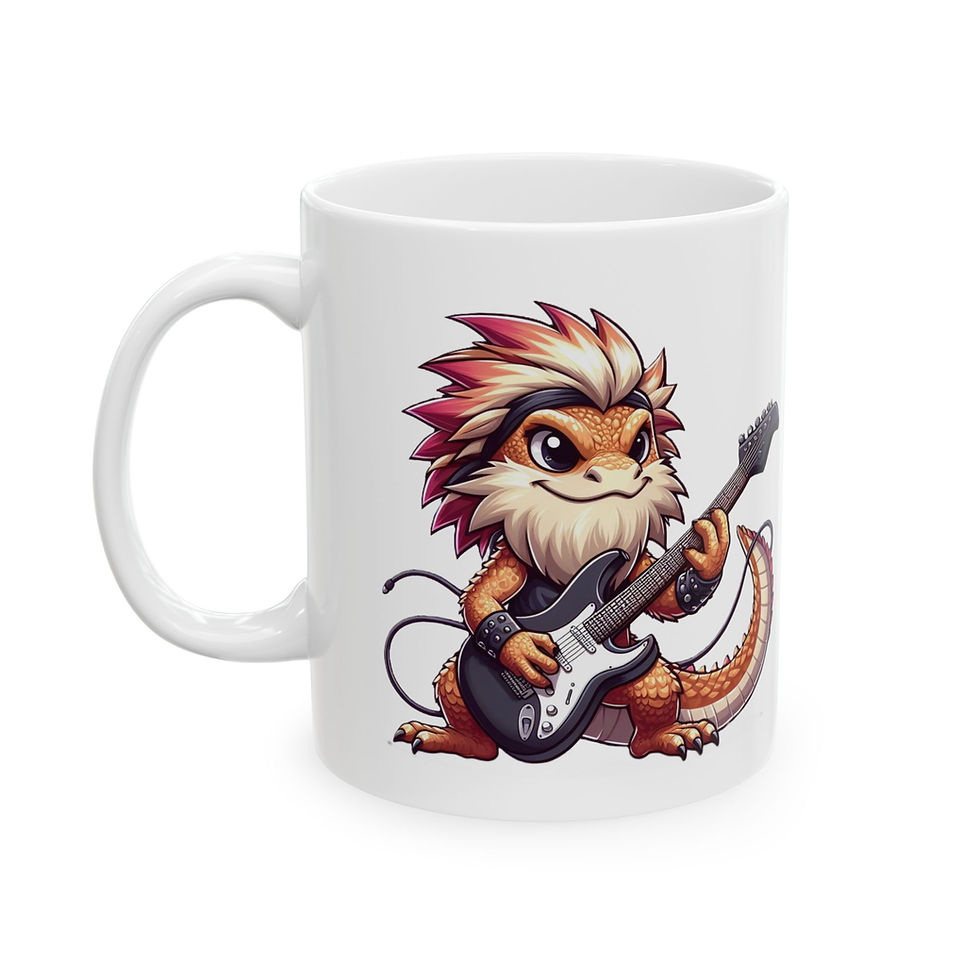 Cute Bearded Dragon playing the electric guitar on a white coffee mug, funny coffee mugs teacups. Wolf's Den Clothing