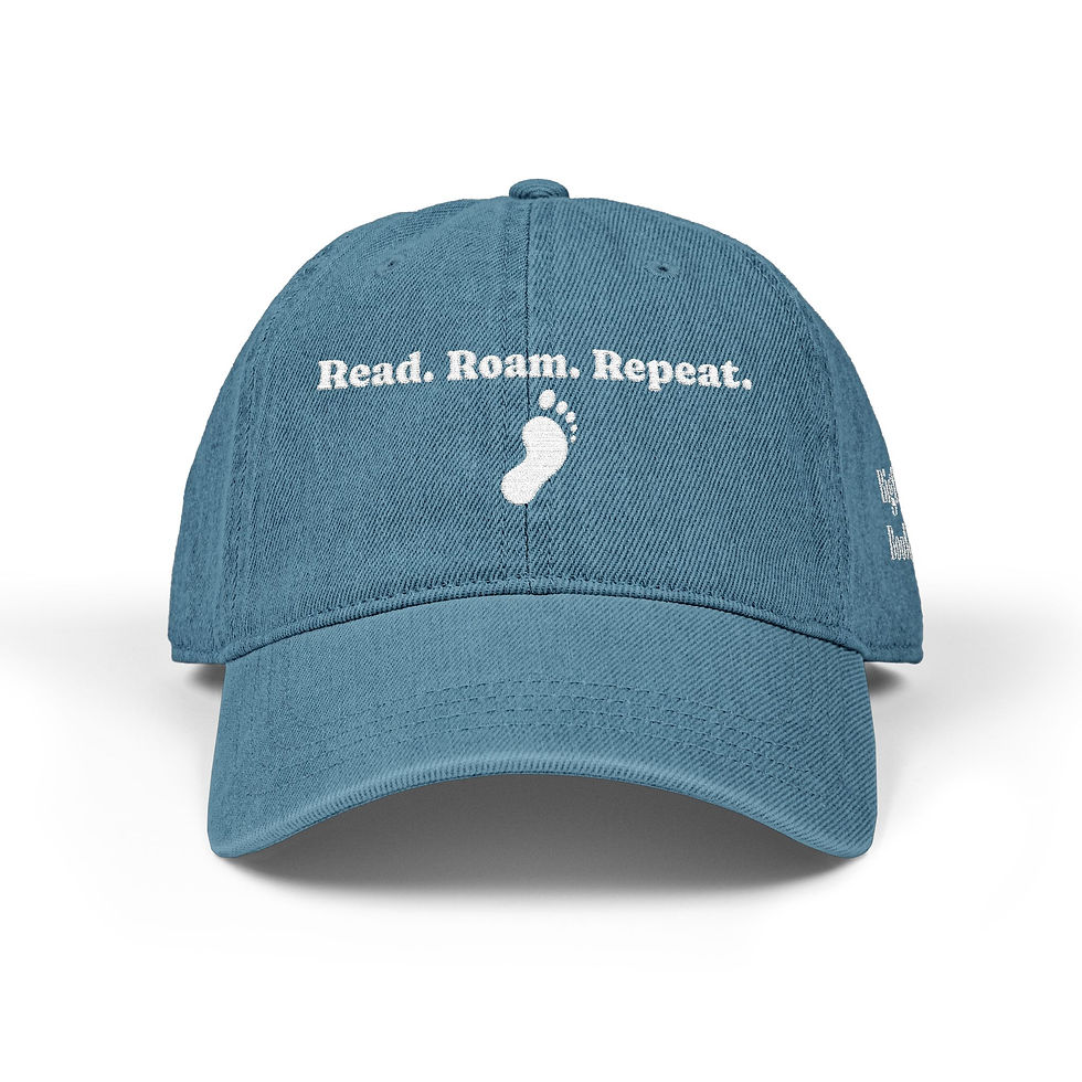 Thumbnail: Adventure Ready Denim Hat - 'Read. Roam. Repeat.' Left side says Bigfoot Books