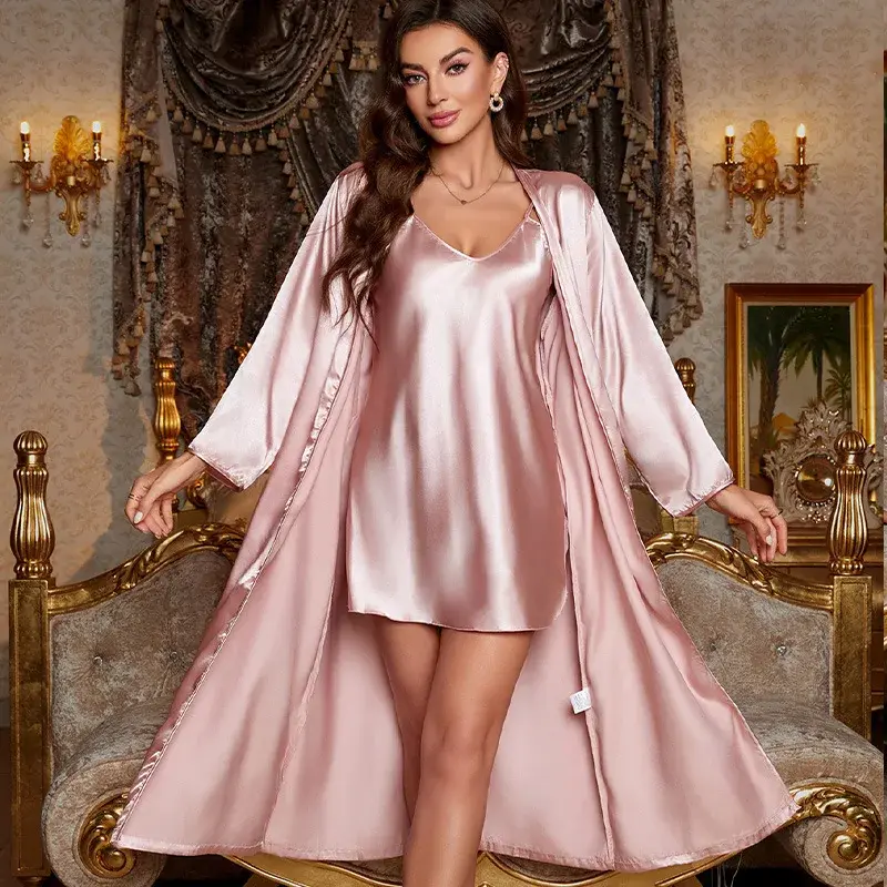 الصورة المصغرة: Sexy Satin Silk Kimono Pajama Set Women's Loose Cardigan Lace Up Bathrobe Home