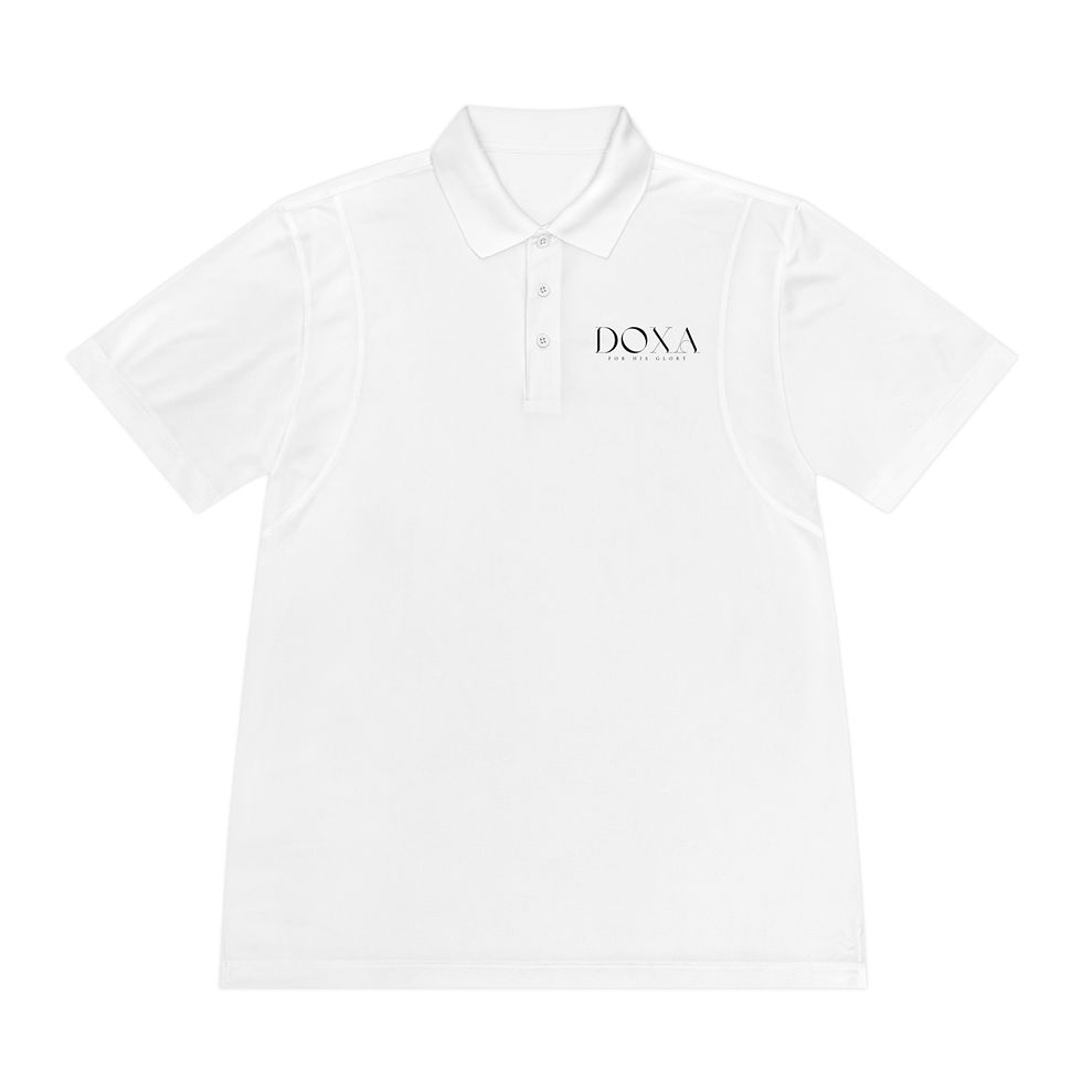 White polo shirt with small "Doxa" logo