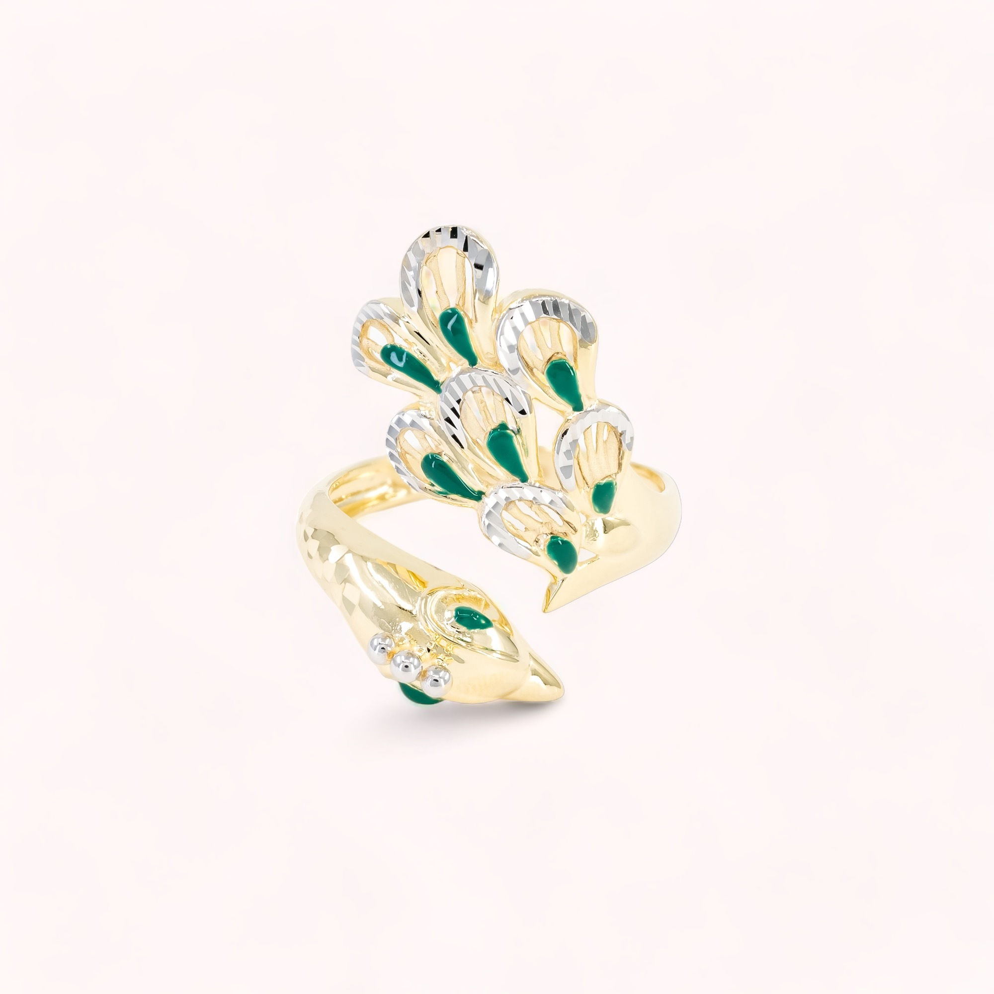 14K Gold Peacock Ring With Green Feathers