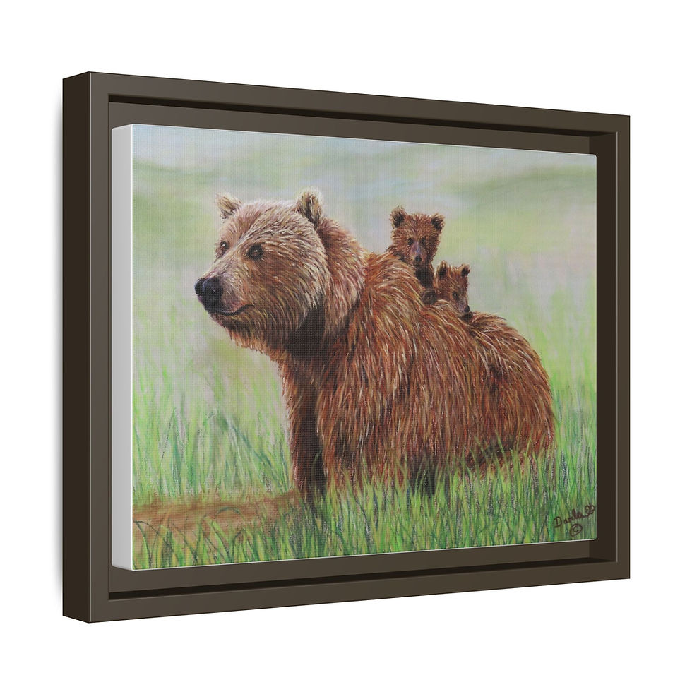 Thumbnail: Mama Grizzly Bear with Cubs Framed Canvas, Bear Art 12 x 9 FRAMED under 46.00