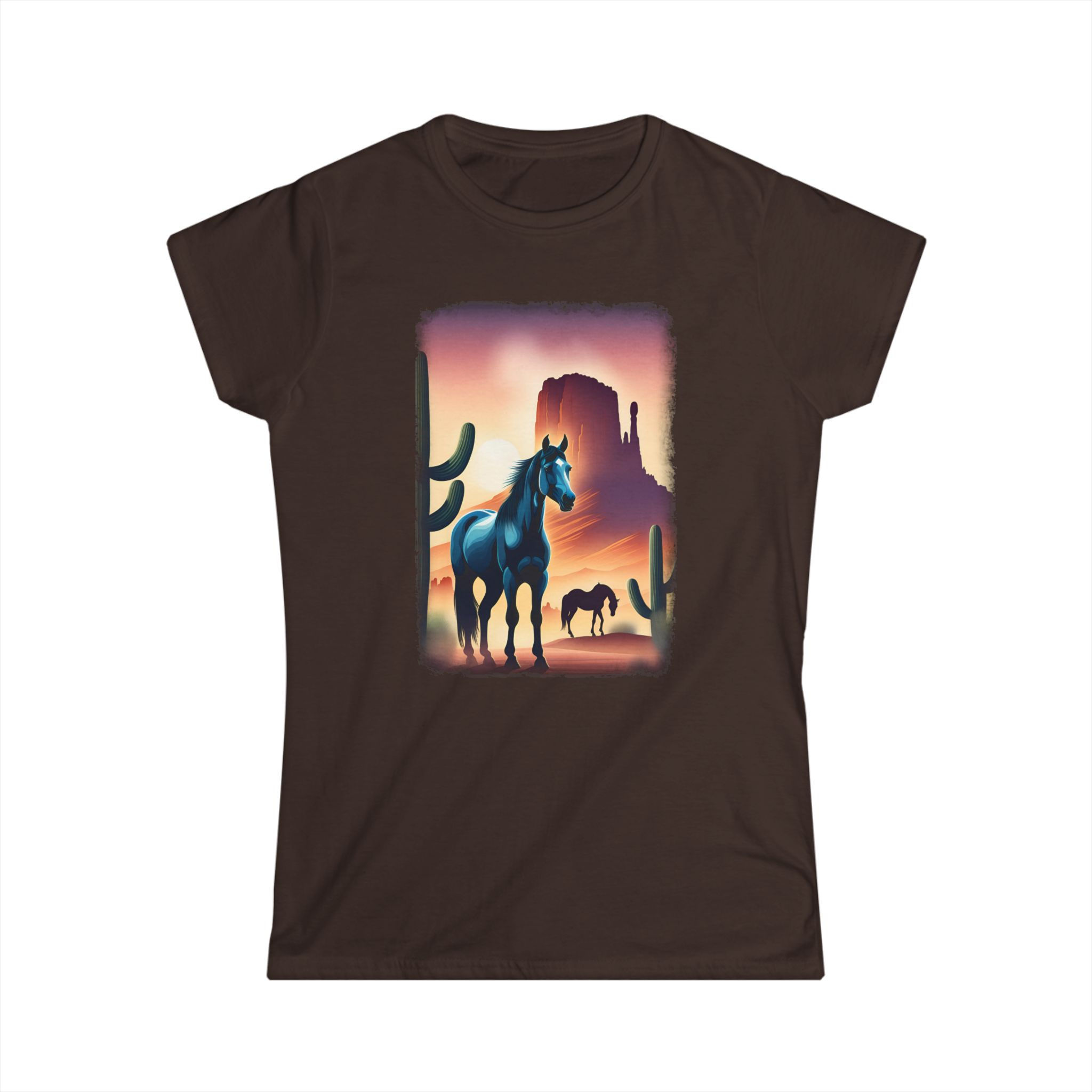 Black Horse with a Magical Desert Sunset - Women's Tshirt