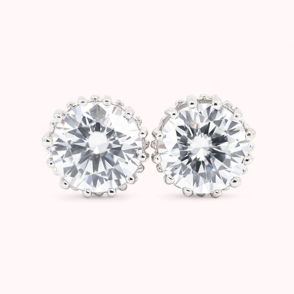 14K Solid White Gold Round Crown Style Stud Earrings With CZ