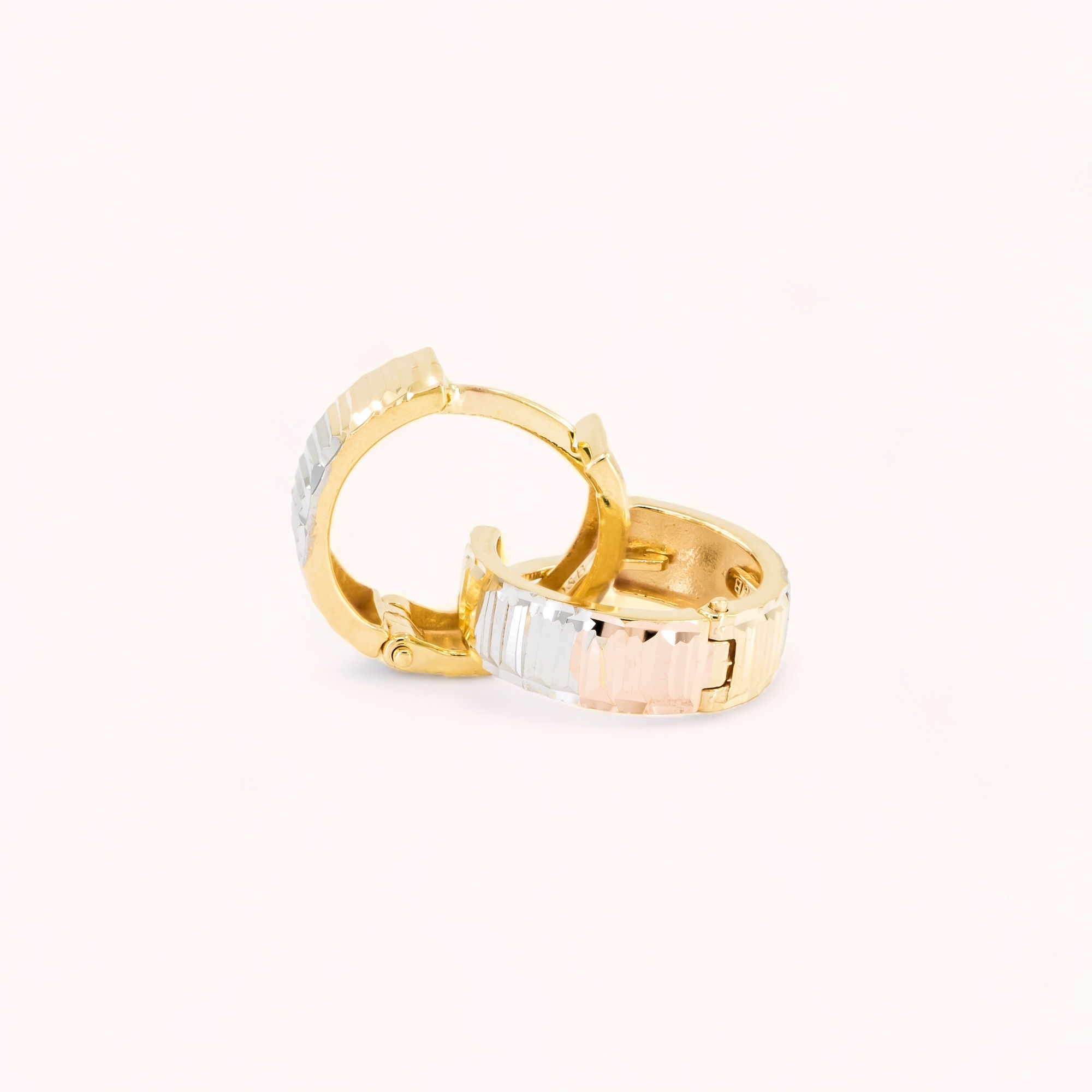 14K Double Sided Tricolor Gold Flat Ribbed Huggie Earrings